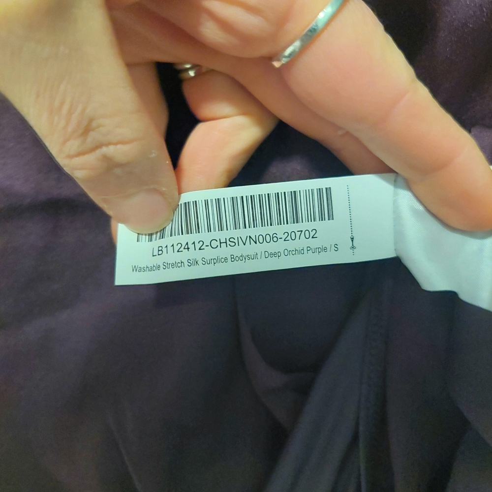 NWT! Quince Washable Stretch Silk Surplice Sleeved Purple Bodysuit! Sz. S (H54) - Picture 10 of 11